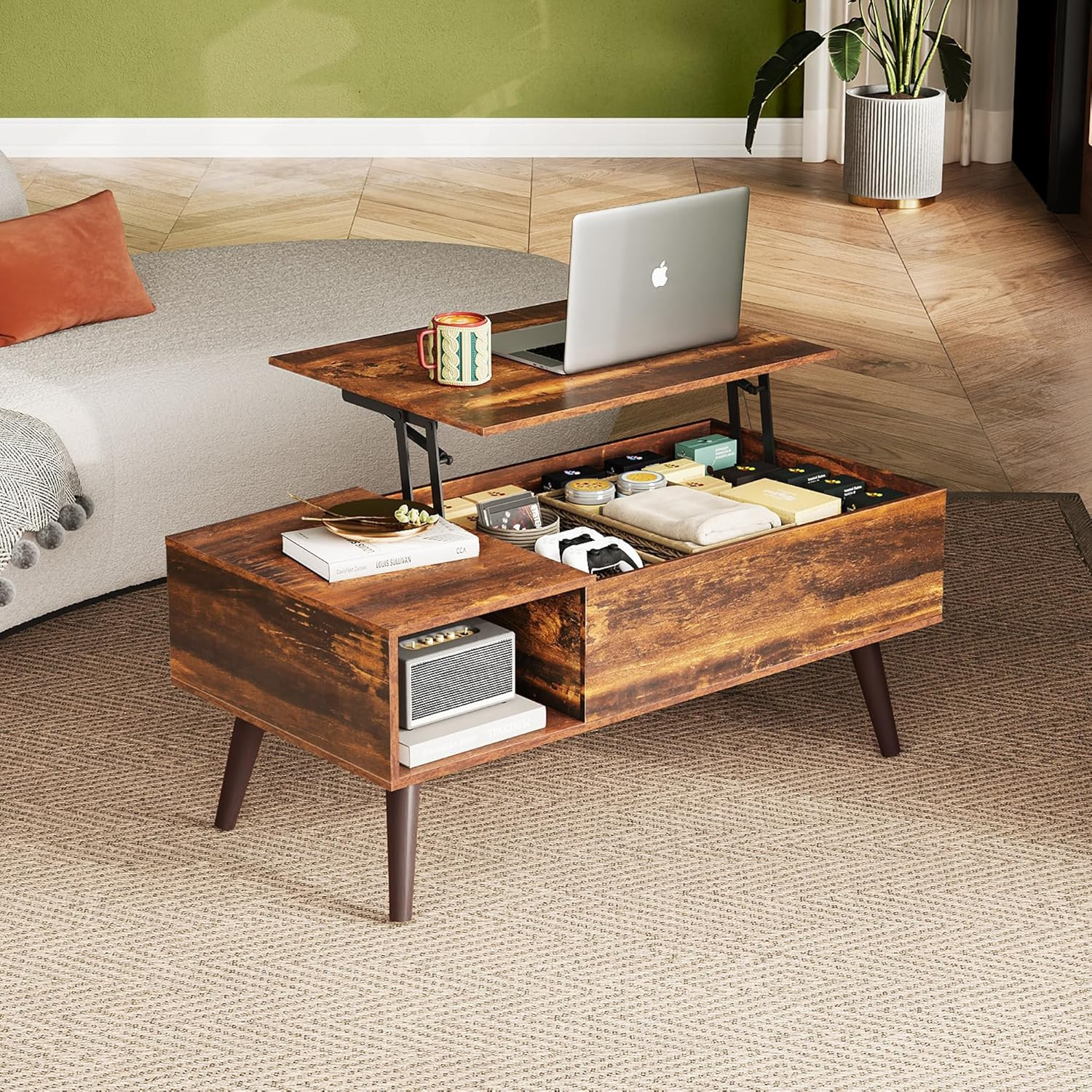 Rustic Lift Top Coffee Table with Storage for Living Room, 39″ Brown