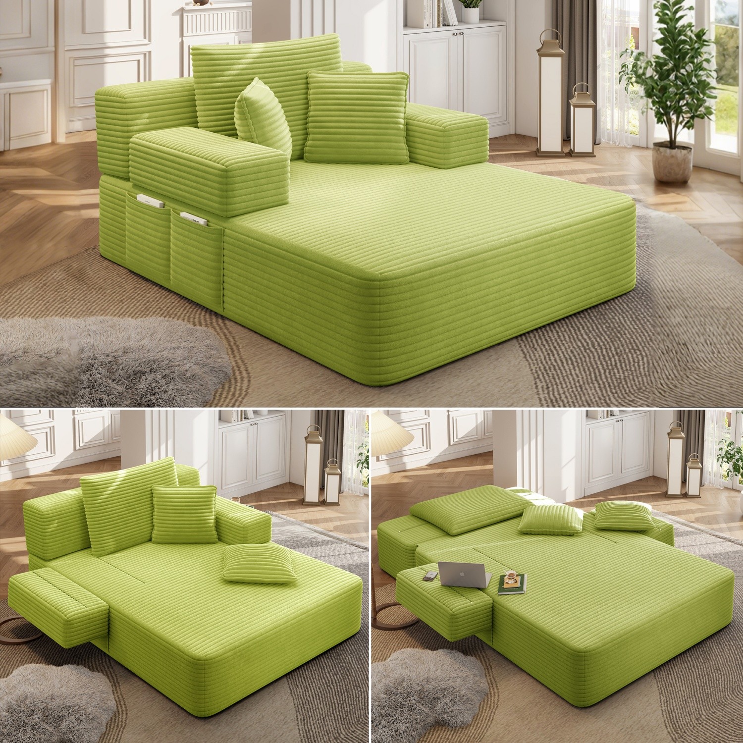 Modern Plush Corduroy Sofa Bed Chaise Lounge No Assembly Required with 3 Pillows
