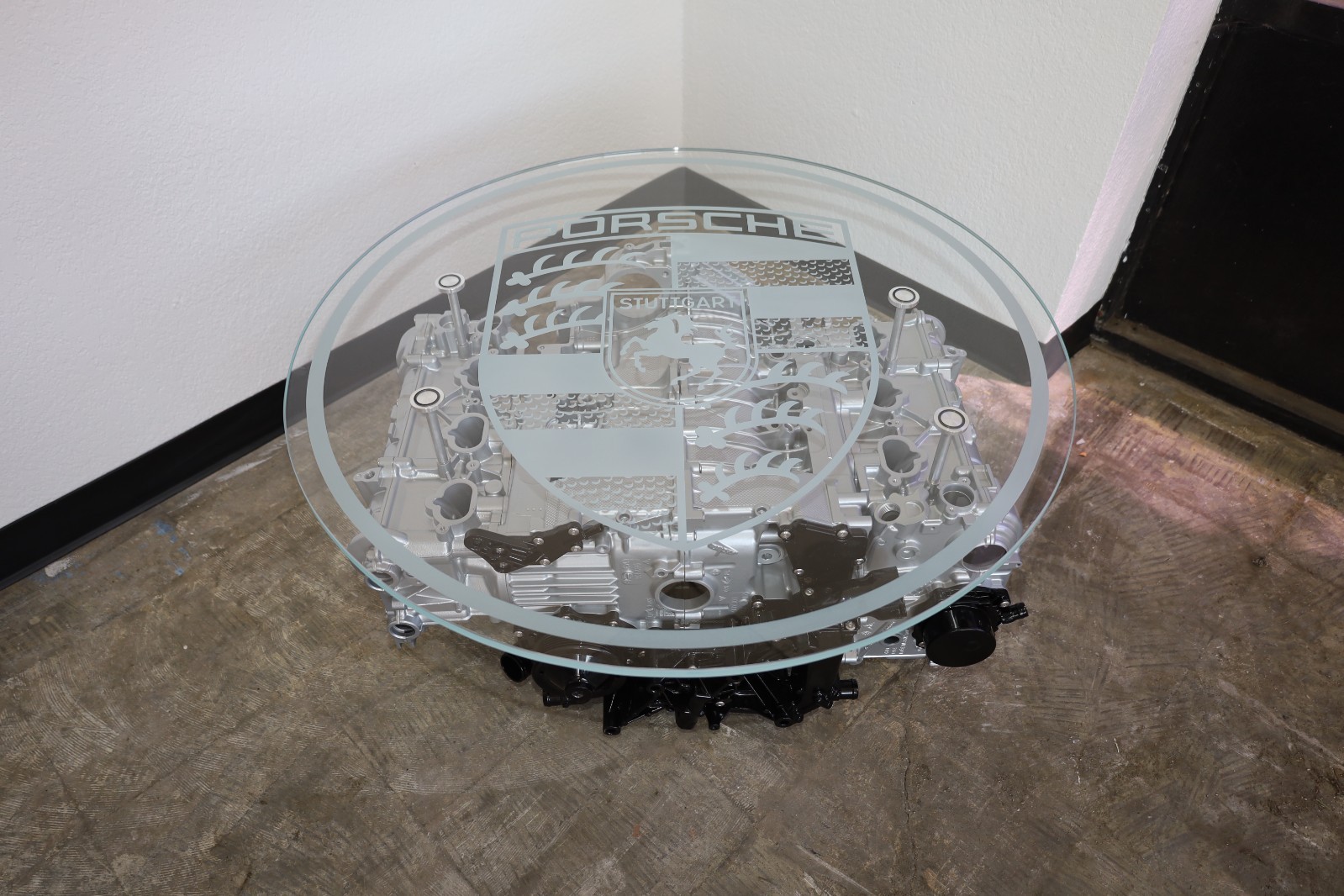 Porsche 911 997 3.6 Engine Coffee Table 37 Round Etched Starphire Glass Top
