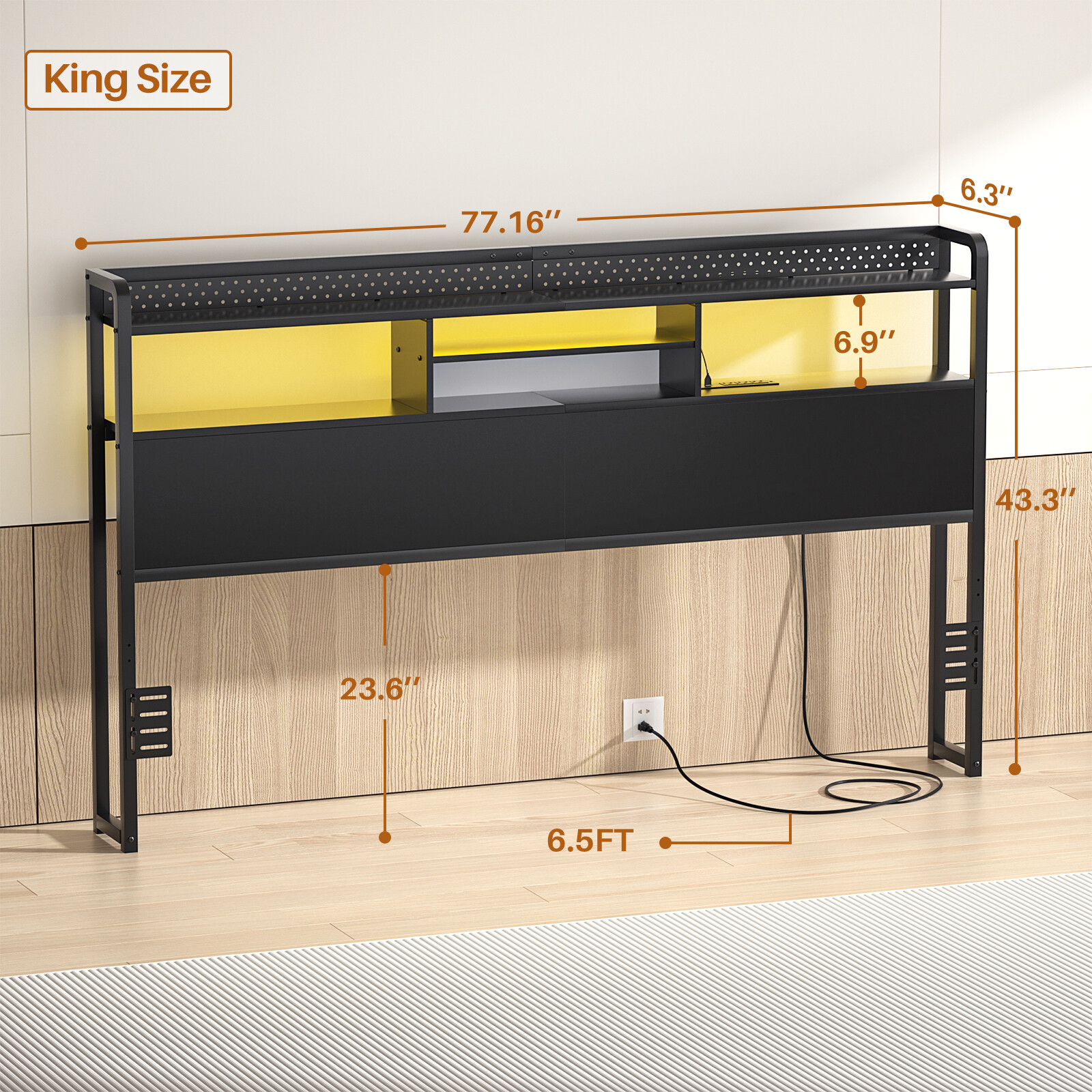 Headboard for King/Queen/Full Size Bed with Storage Shelf & Outlets & RGB Light