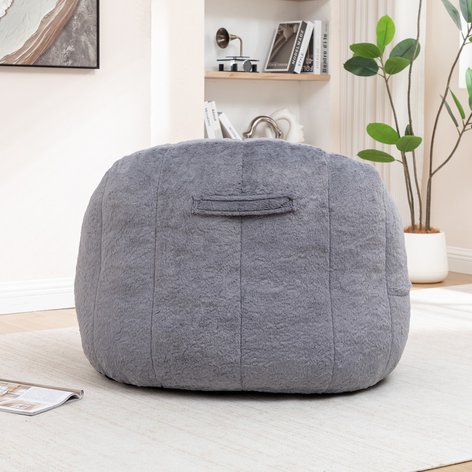 Giant Bean Bag Sofa Chair with Armrests, High-Density Foam, Gray Faux Fur