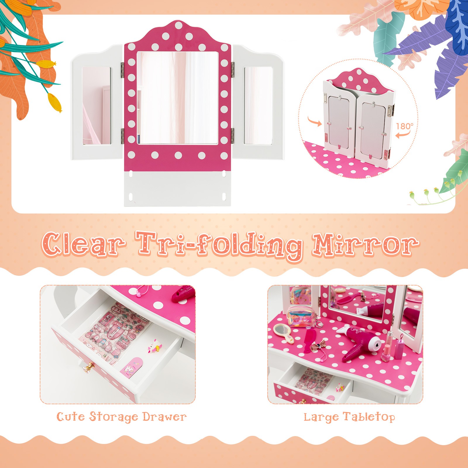 Kid Vanity Set Wooden Makeup Table Stool Tri-Folding Mirror Polka Dot Print Pink