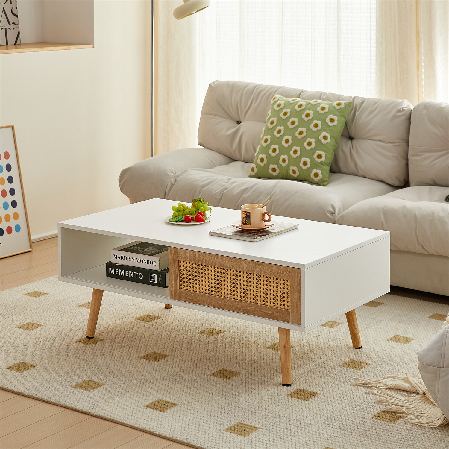 Coffee Table Center Cocktail Table Rattan Side End Table for Living Room US