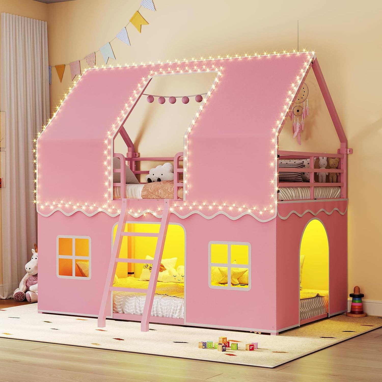 Bunk Bed Twin Over Twin with Play Curtain, House Bunk Bed with LED Lights, Metal