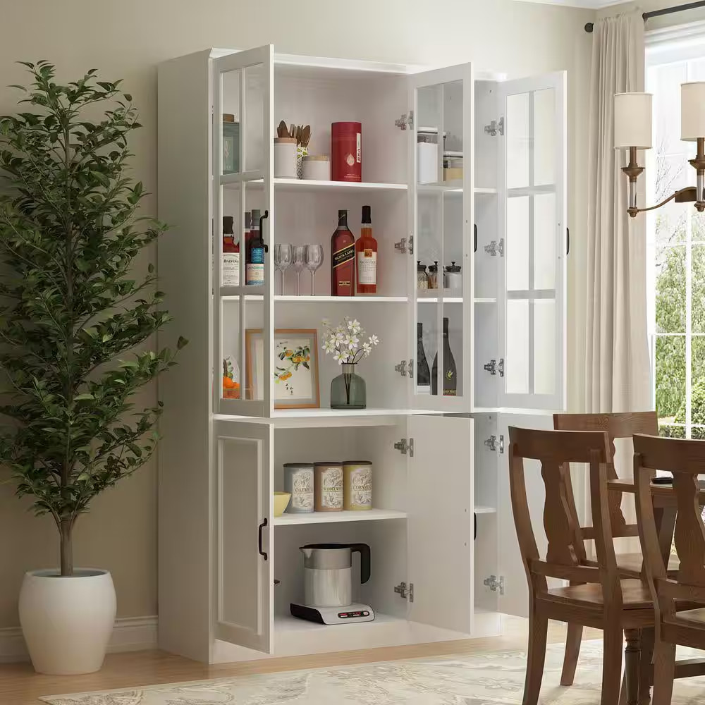White Wood 47.2 In. W Buffet and Hutch Kitchen Cabinet with Glass Doors ( 47.2 I