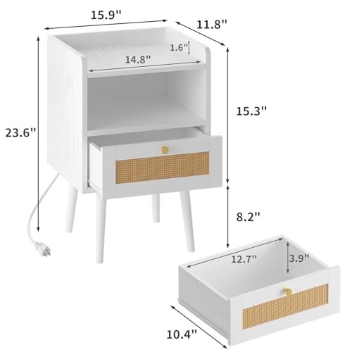 Night Stand Set of Bedside Tables 11.8″D x 15.9″W x 23.4″H (1 Drawers) 2 White