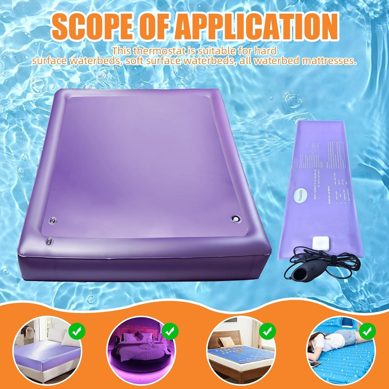 Free Flow Full Wave Water Bed Mattress – PVC Purple Softside Water Bed (Queen)