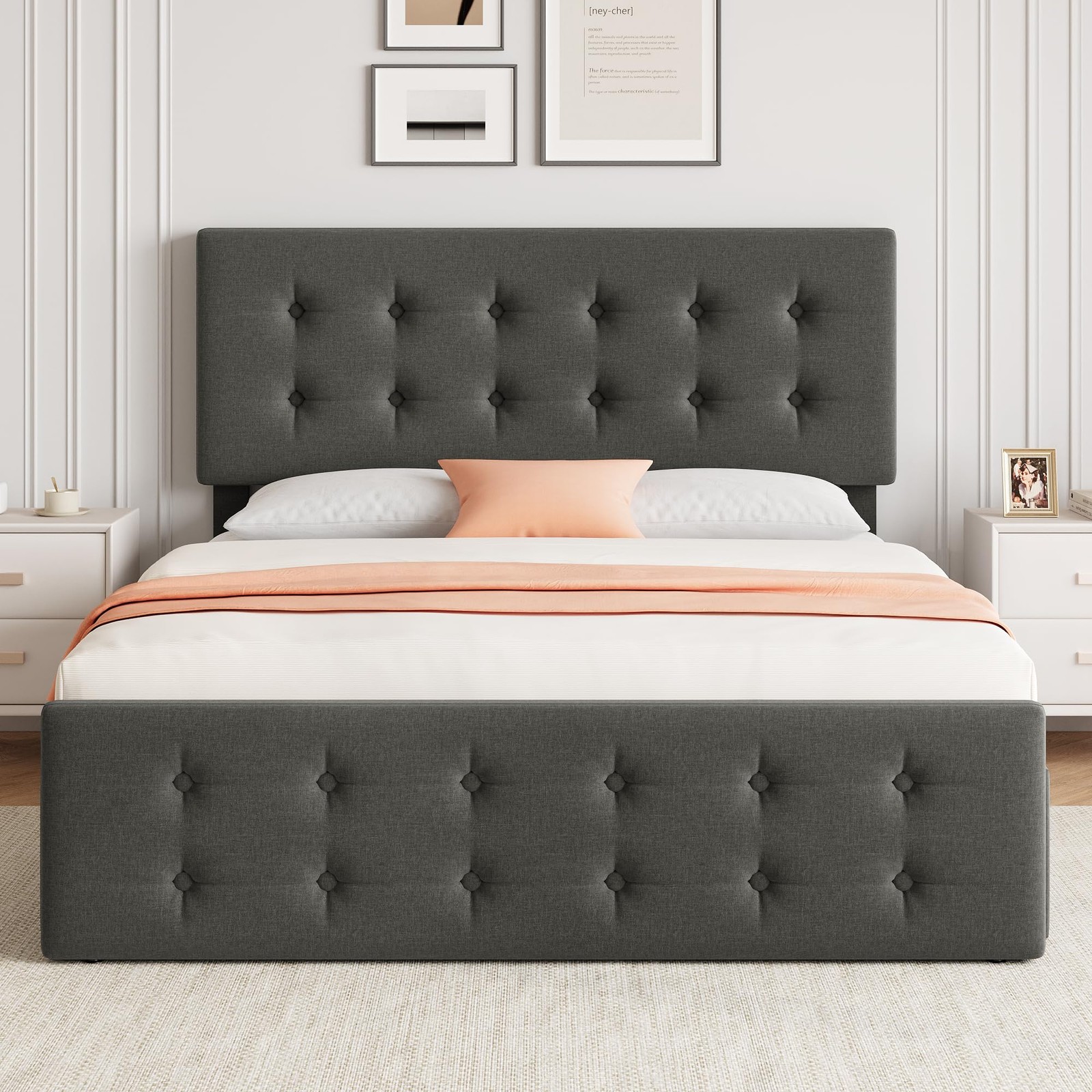 Full Size Bed Frame, Upholstered Platform Bed Frame with 4 Storage Drawers