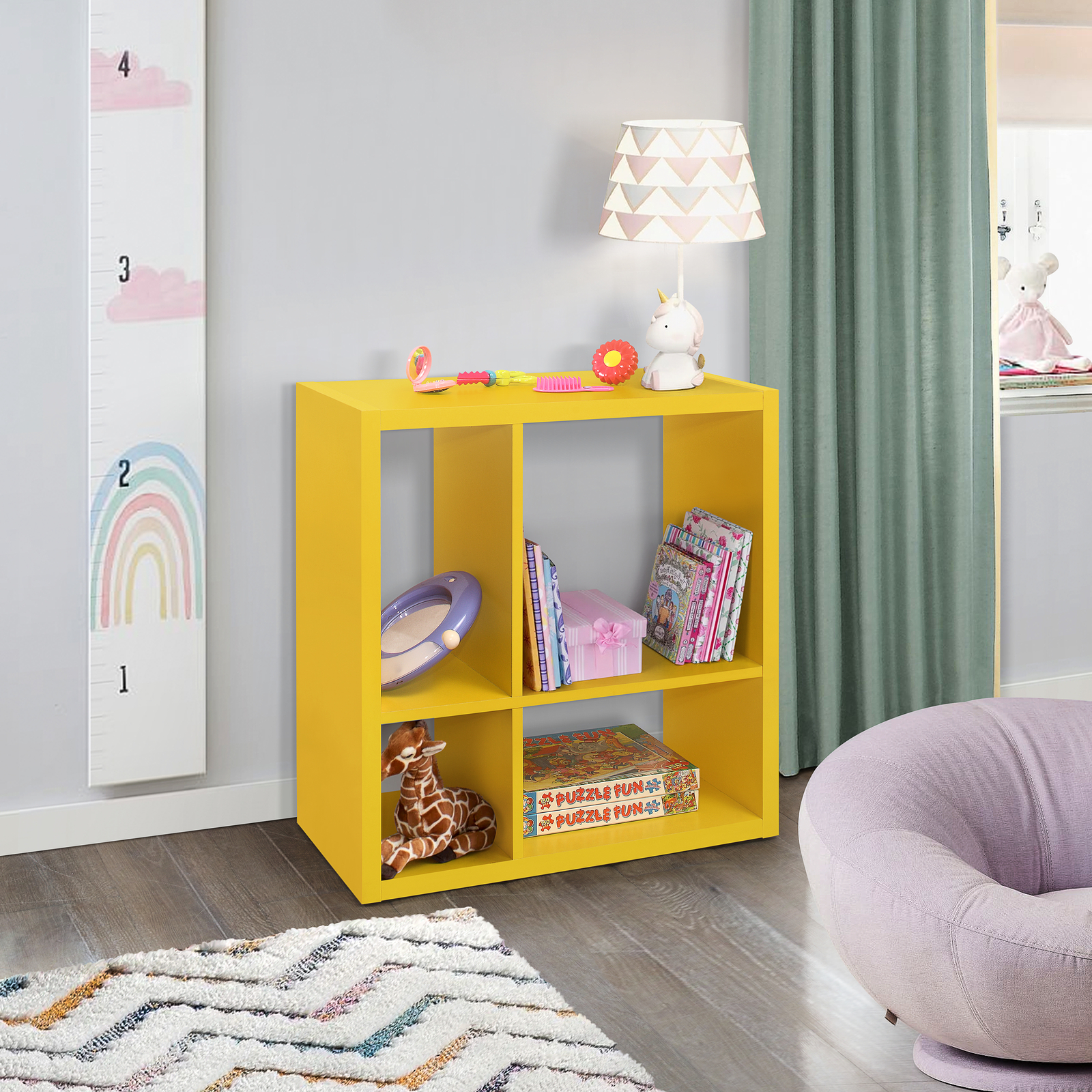 Kings Brand Furniture – 4-Cube Open Bookcase, Kids Toy Storage Organizer, Yellow