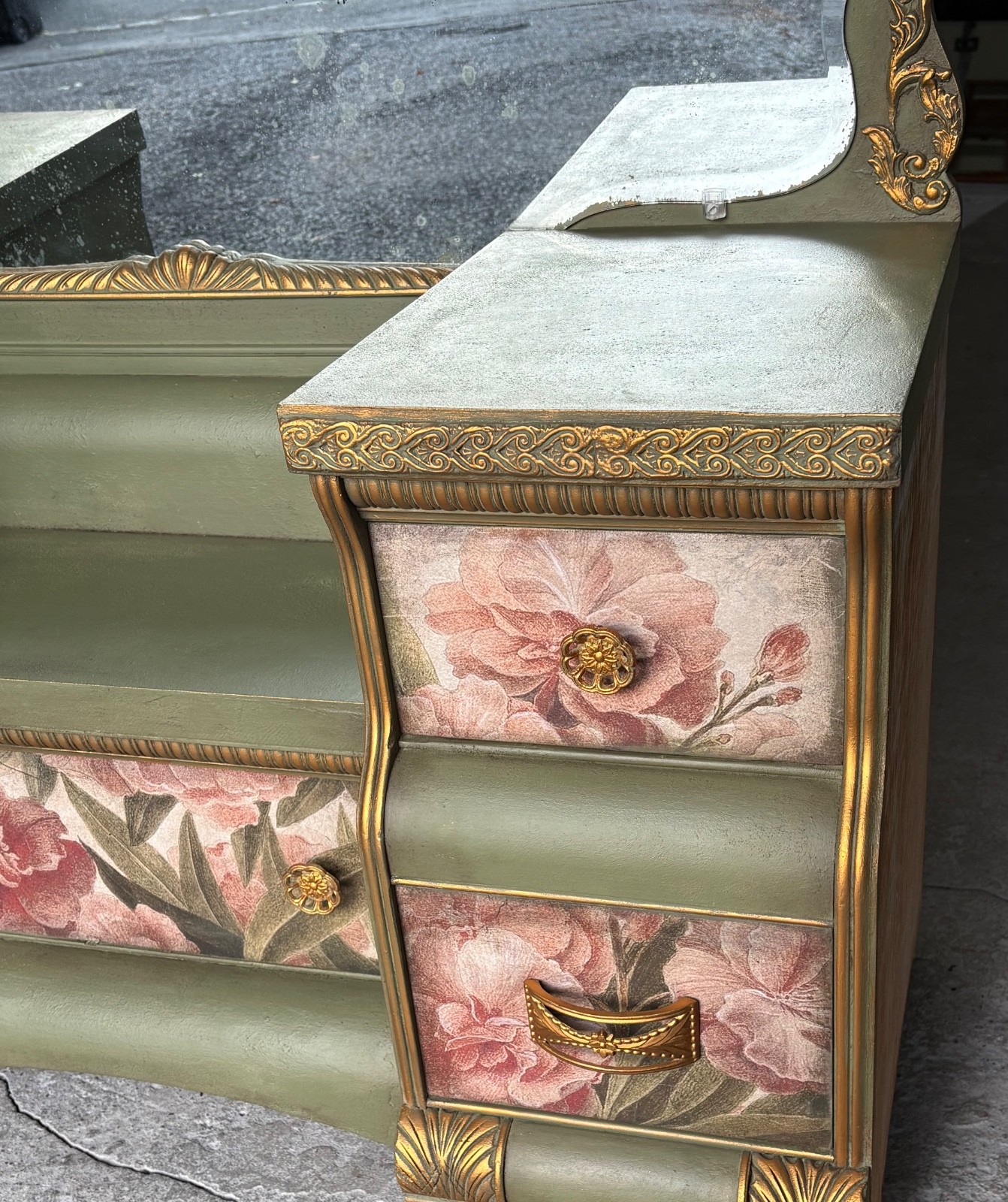 Stunning sage green vanity desk with large mirror