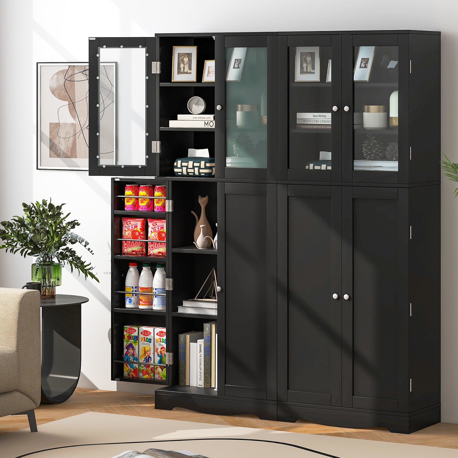 63.5″ Tall Kitchen Pantry Storage Cabinet w/ Glass Door Storage Shelves Black