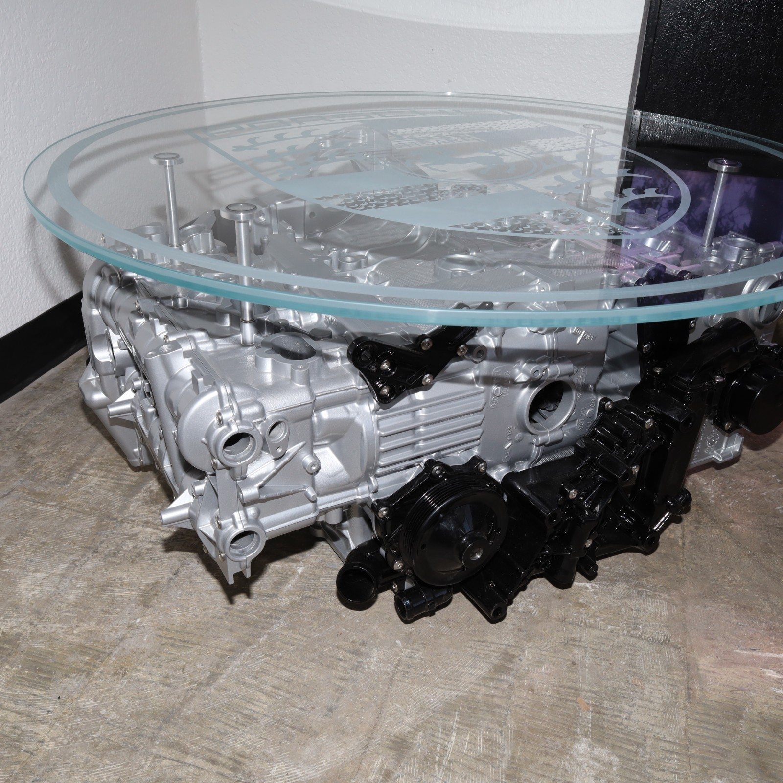 Porsche 911 997 3.6 Engine Coffee Table 37 Round Etched Starphire Glass Top