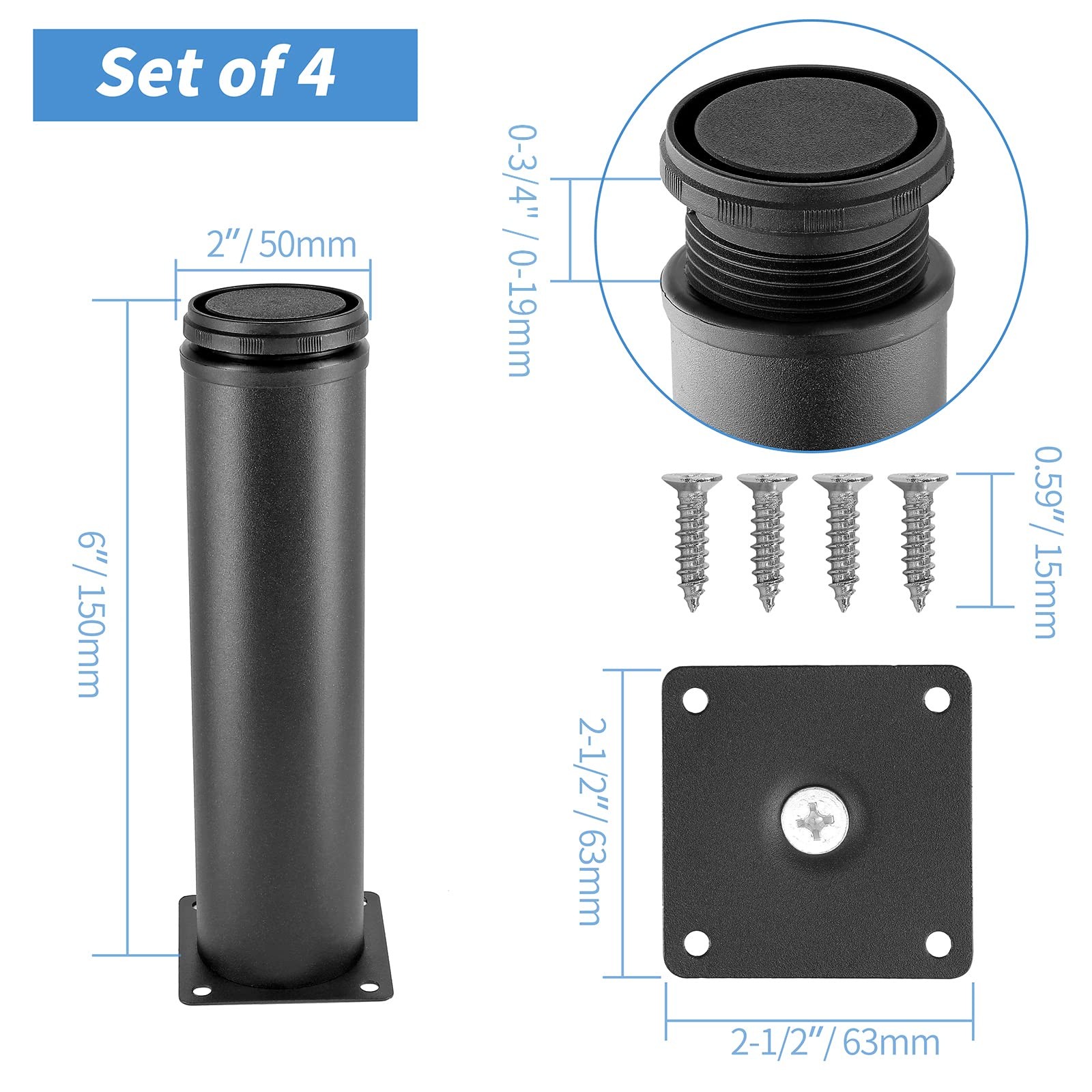 Masendelk 6 Inch Metal Furniture Legs Stainless Steel Adjustable Legs Black M…