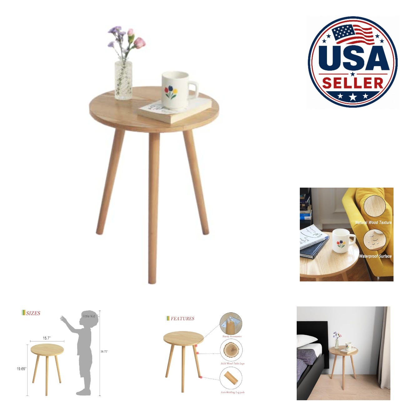 Round Side Table 15.7 Inch MDF Solid Wood Accent Nightstand for Living Room