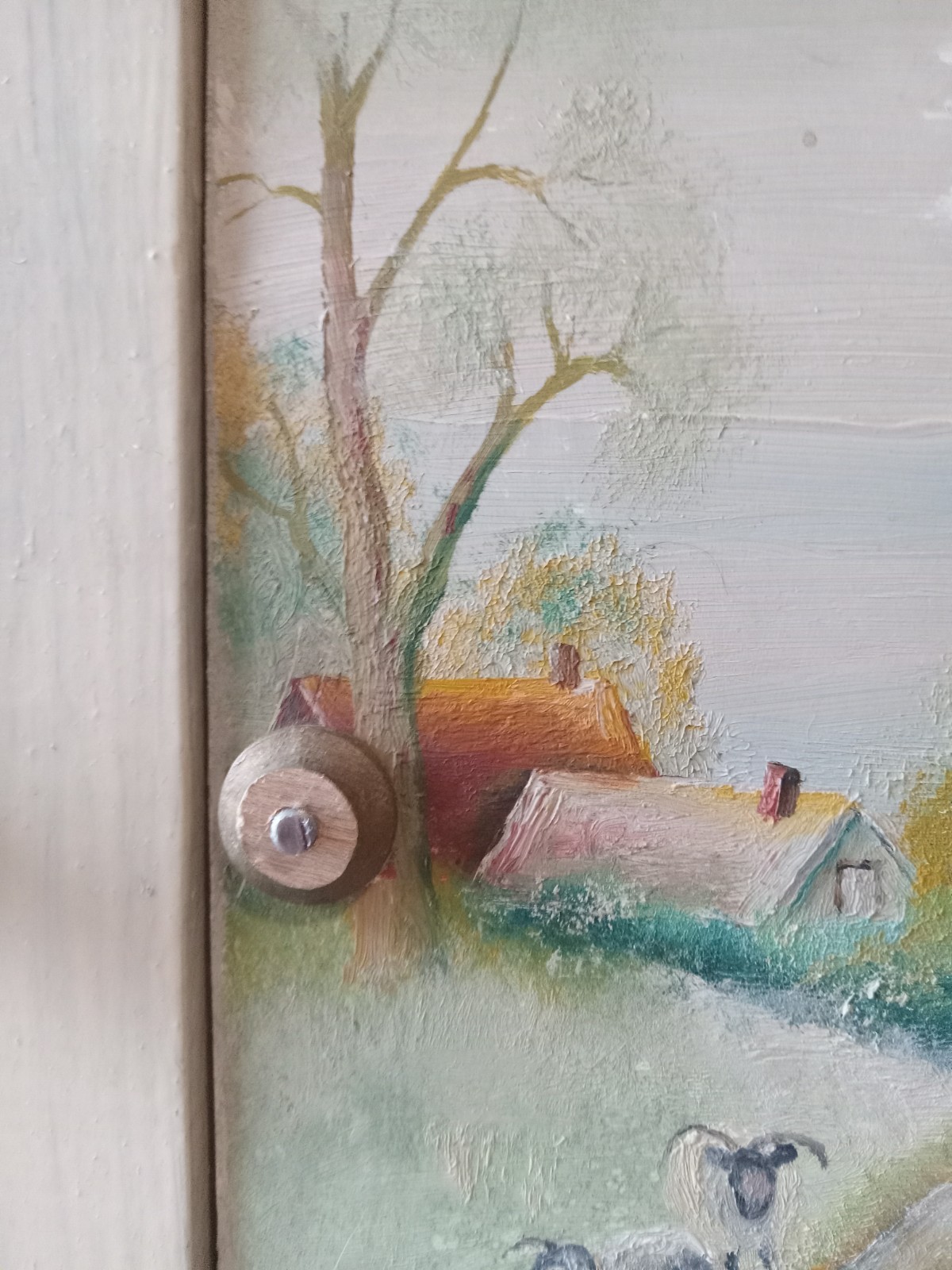 1960 C. Reinhold Hand-Painted Rustic Wood 21″ Corner Hanging Cabinet OOAK