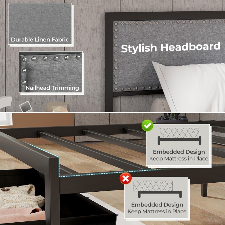 Twin Size Platform Bed Frame Headboard Upholstered w/Rolling Drawer & Metal Slat