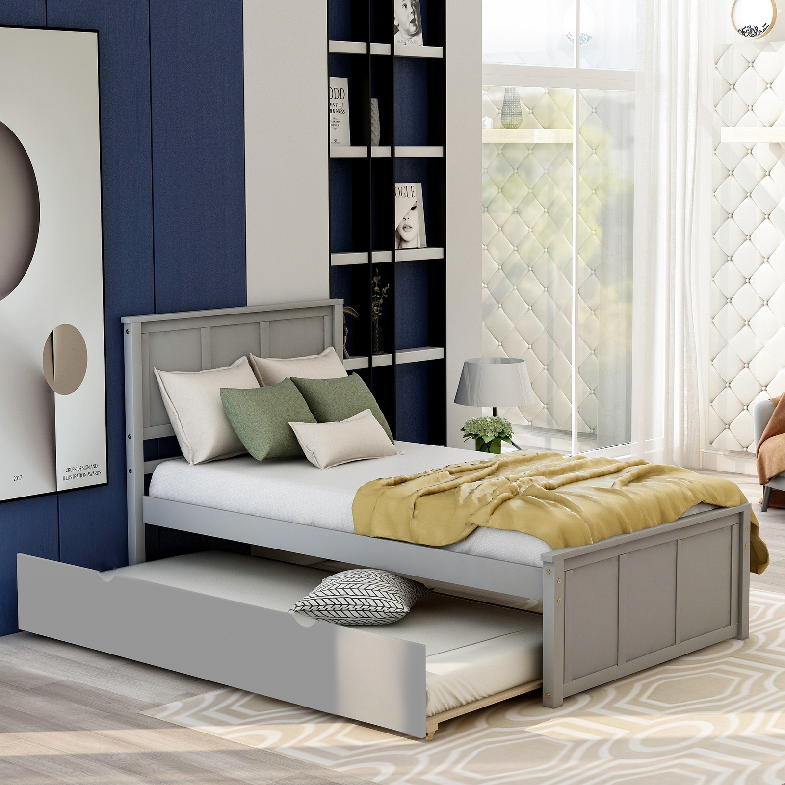 Twin Platform Bed Frame with Trundle, Gray Solid Wood & MDF