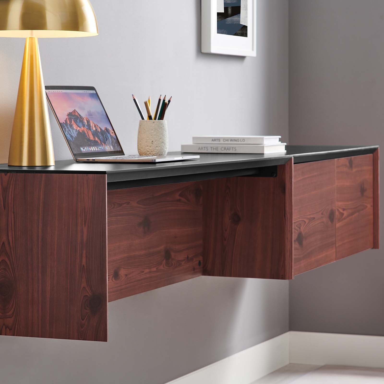 Modway Kinetic 49″ Wall-Mount Office Desk With Cabinet and Shelf in Black Cherry
