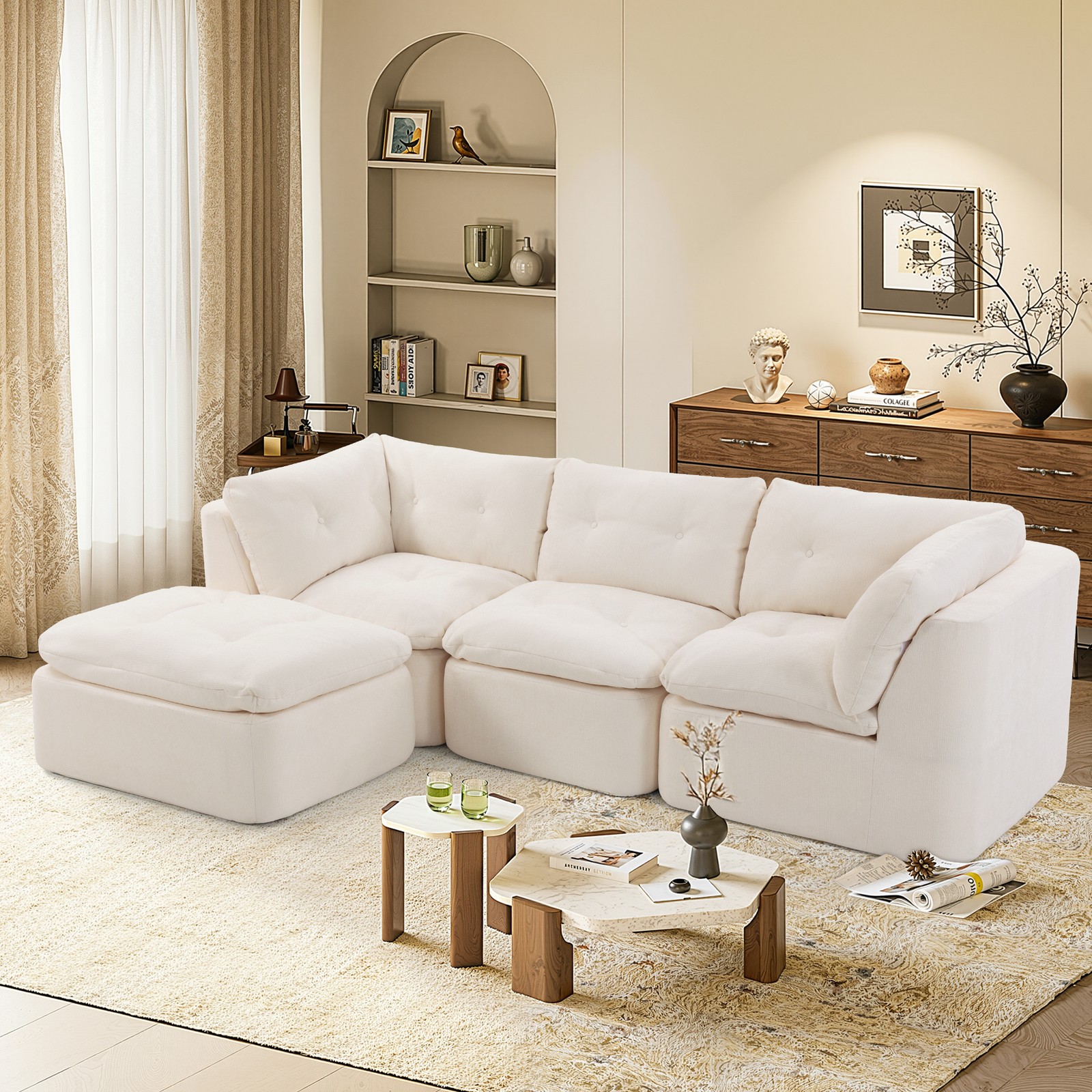 Modular Sectional Sofa Cloud L-Shaped 4-Seater Chenille Fabric Beige