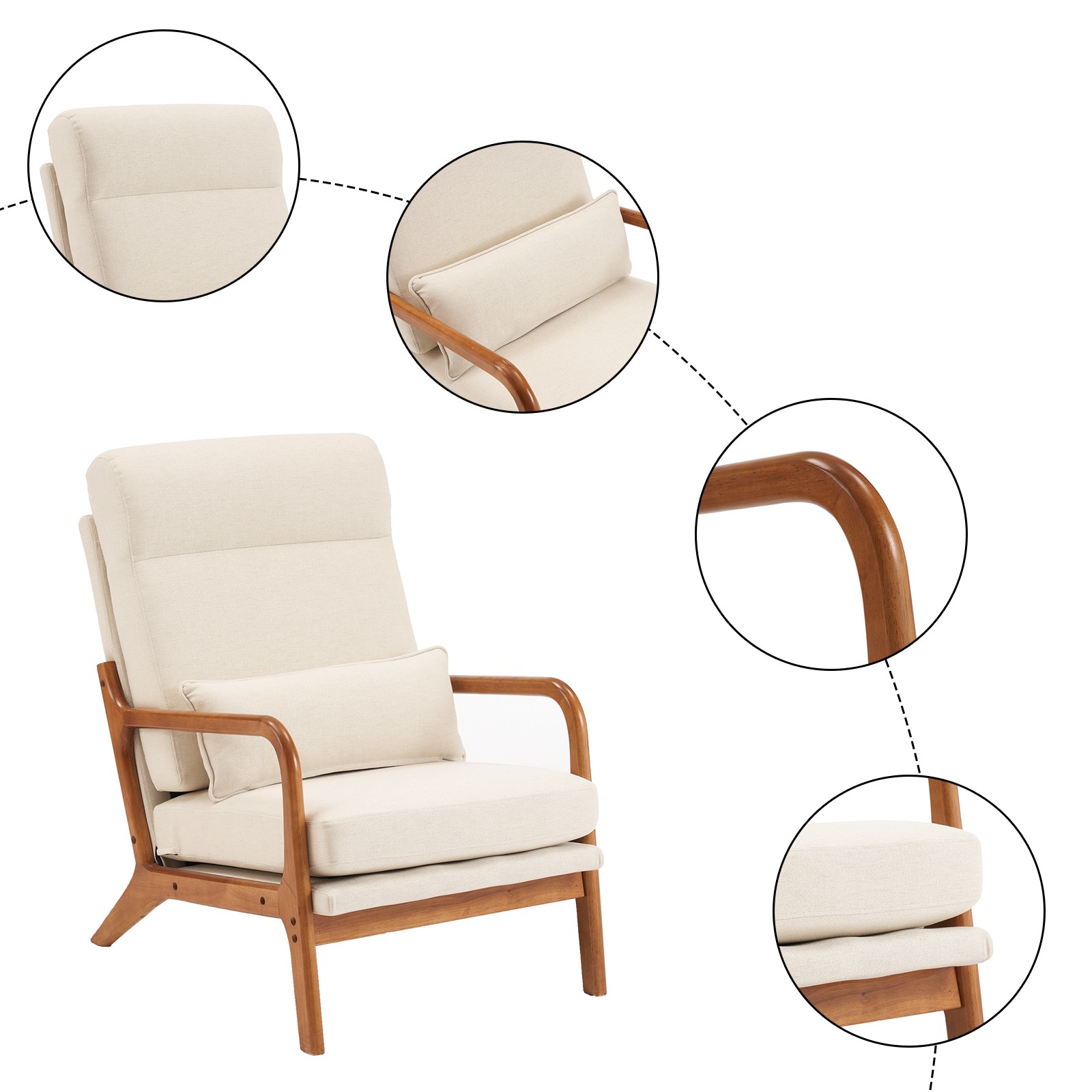 High Back Solid Wood Armrest Backrest Iron Frame Linen Indoor Leisure Chair Off