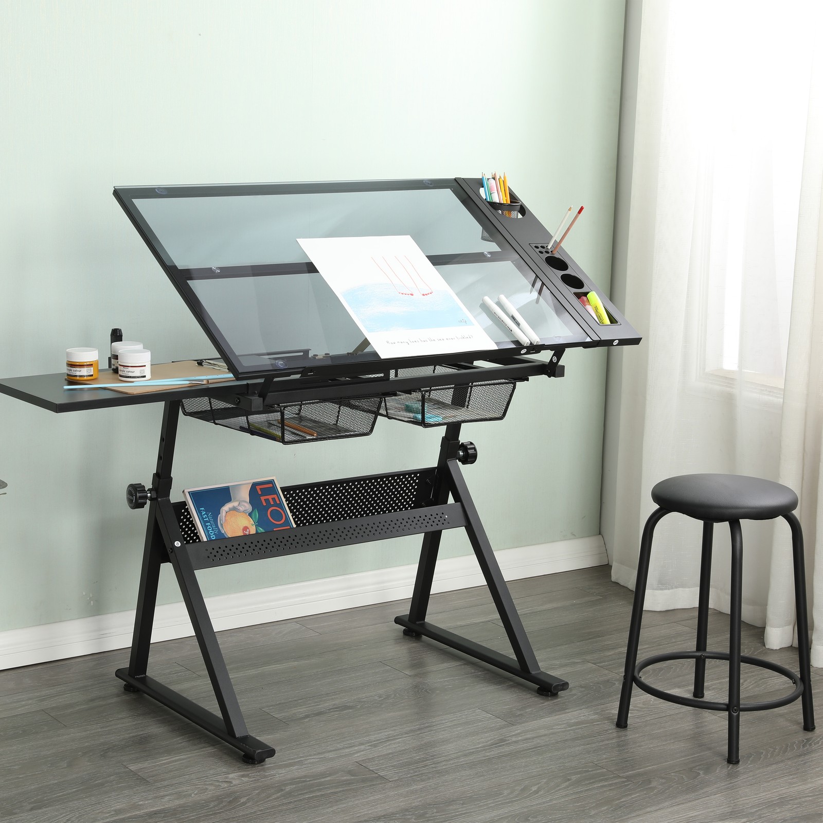 Black Adjustable Tempered Glass Drafting Table with Chair, Drawing Desk Set