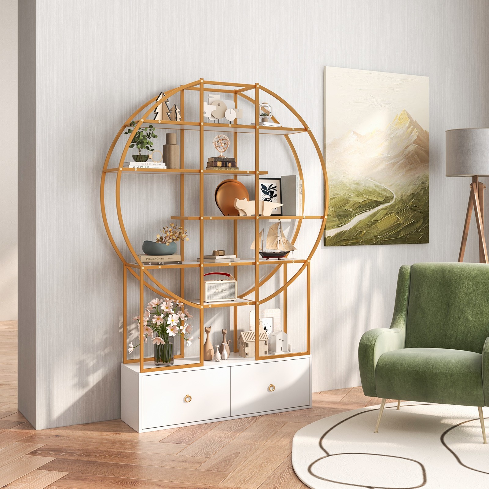 71″ Tall Metal Bookcase 6-Tier Gold Bookshelf w/ 2 Storage Drawers Home Office