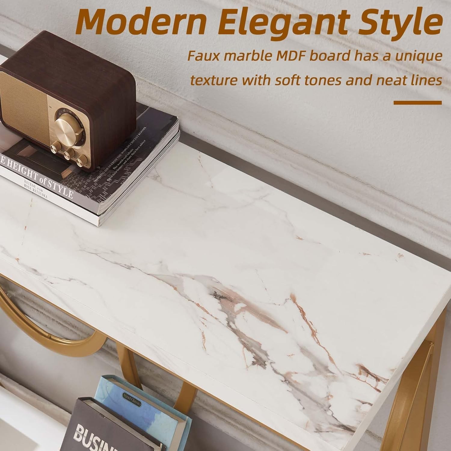 55 Inch Modern Entryway Console Table White & Gold Faux Marble Top Engineered