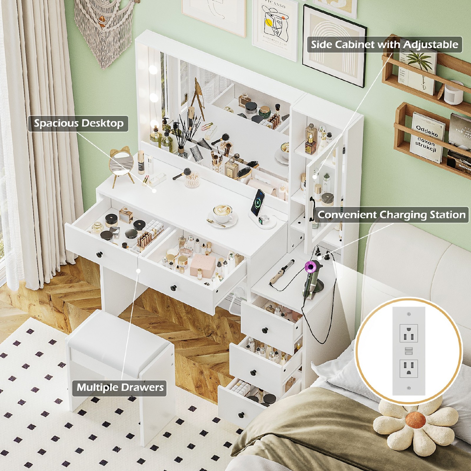 OXIRTH Vanity Desk with Mirror and 10 LED Bulbs, Makeup Table with Power Outlets