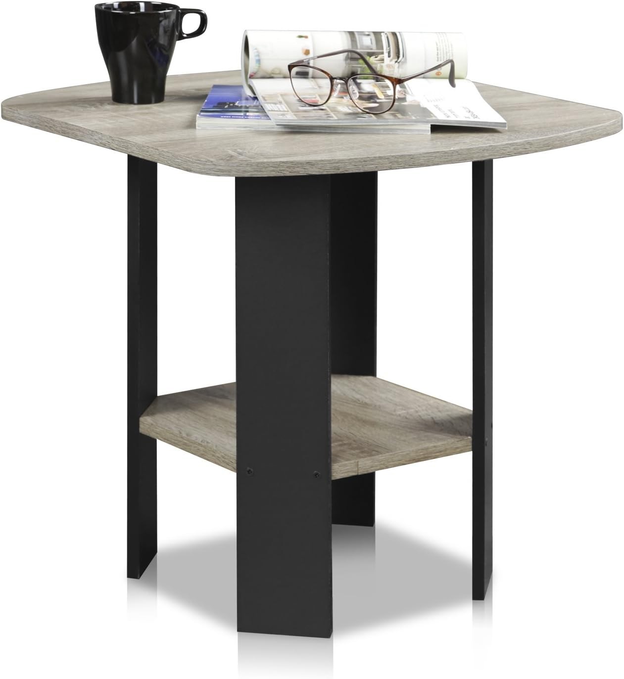 Furinno Simple Design End Table, 2-Pack, 2 Tiers, French Oak/Black