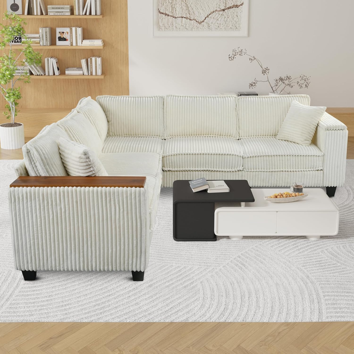 Beige Oversized L-Shaped Corduroy Sectional Sofa with Pillows & Storage
