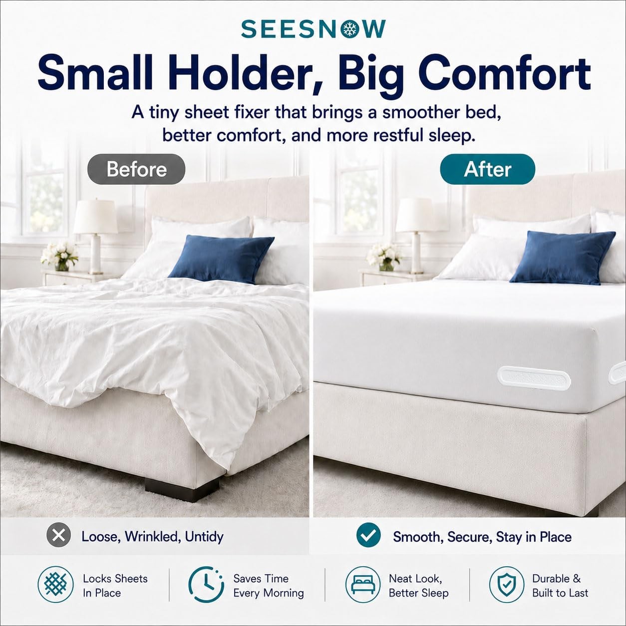 SEESNOW Lock Sheet Holders, Upgrade Bed Holders for 8pcs, White
