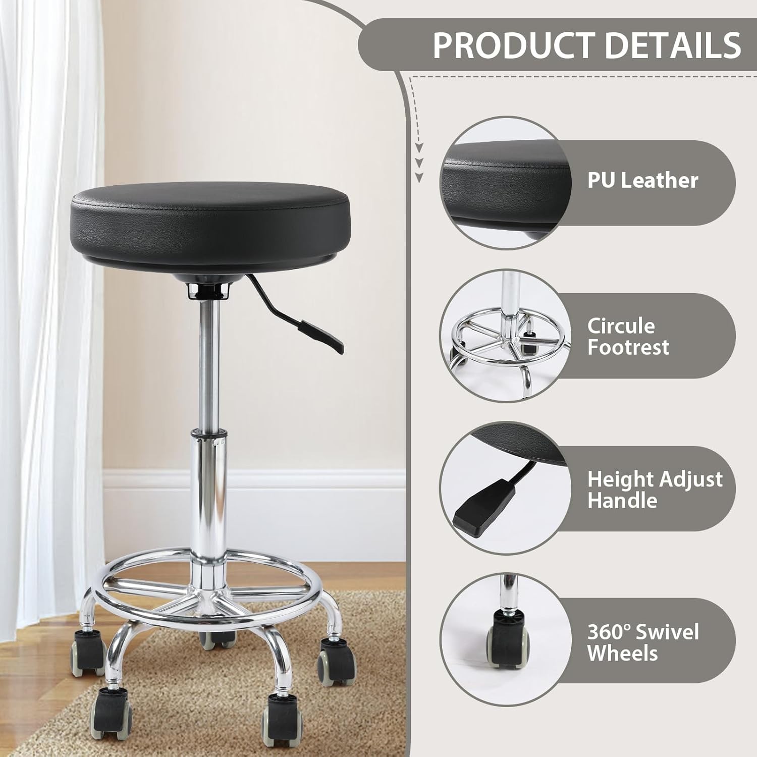 Adjustable Rolling Stool with Wheels Heavy Duty 500lb Round Rolling Stool wit…