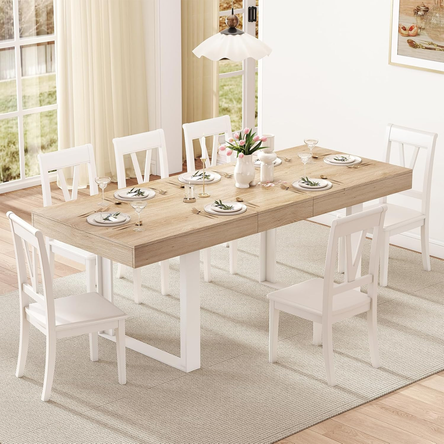 Farmhouse Expandable Oak Dining Table 63″-78.7″ for 6-10 Guests