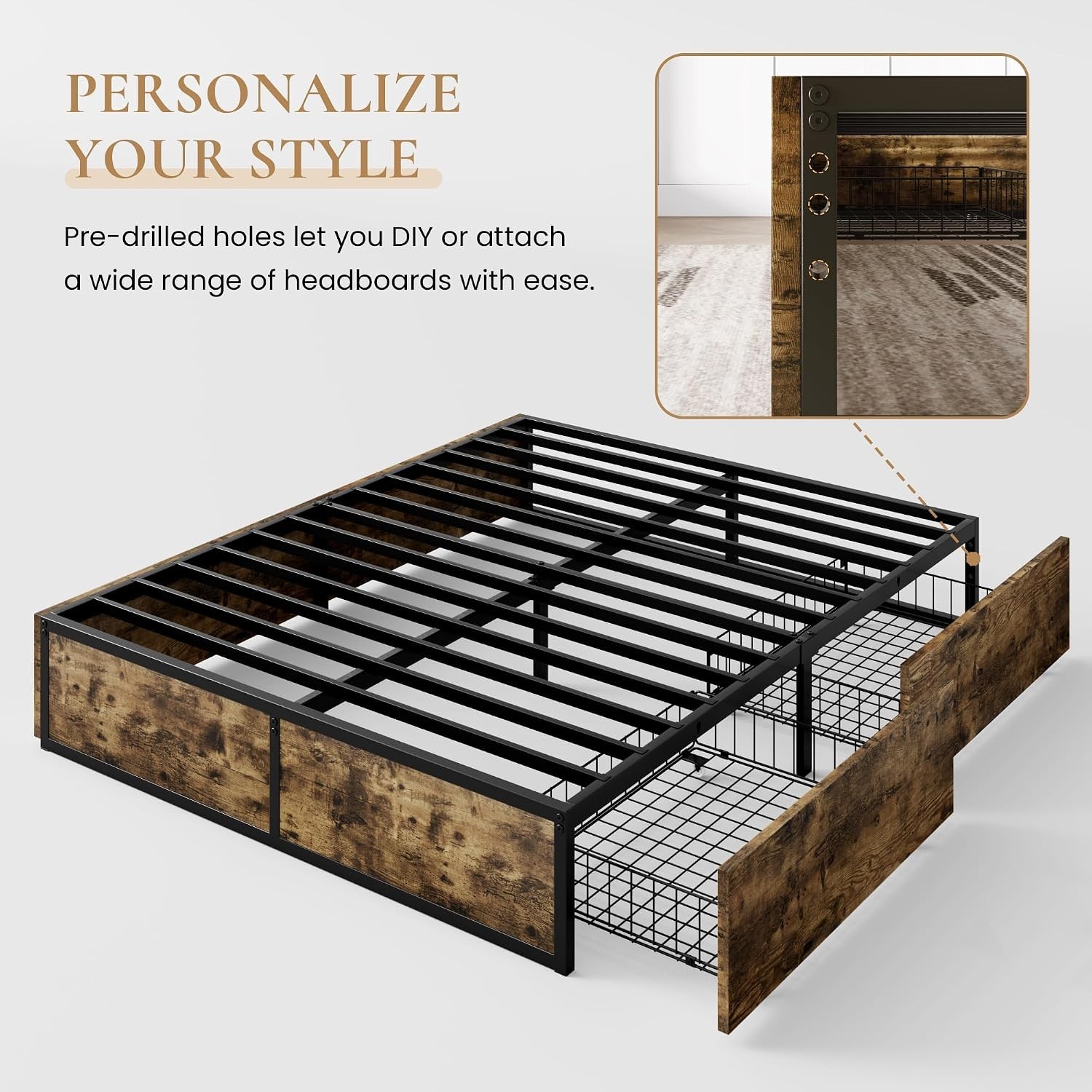 Rustic Queen Bed Frame with Heavy-Duty Metal & 2 Storage Drawers – Easy Assembly