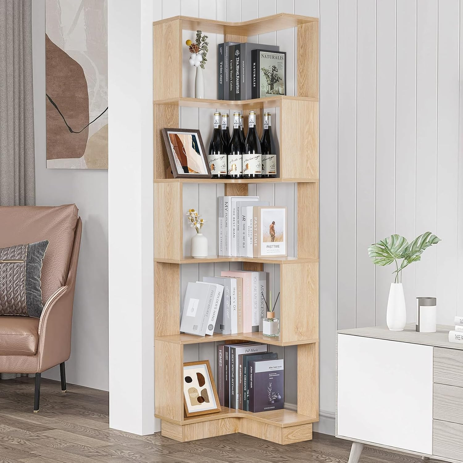 Wooden Corner Bookcase, 5 Tiers Corner Bookshelf 68.9″ L-Shaped Storage Display