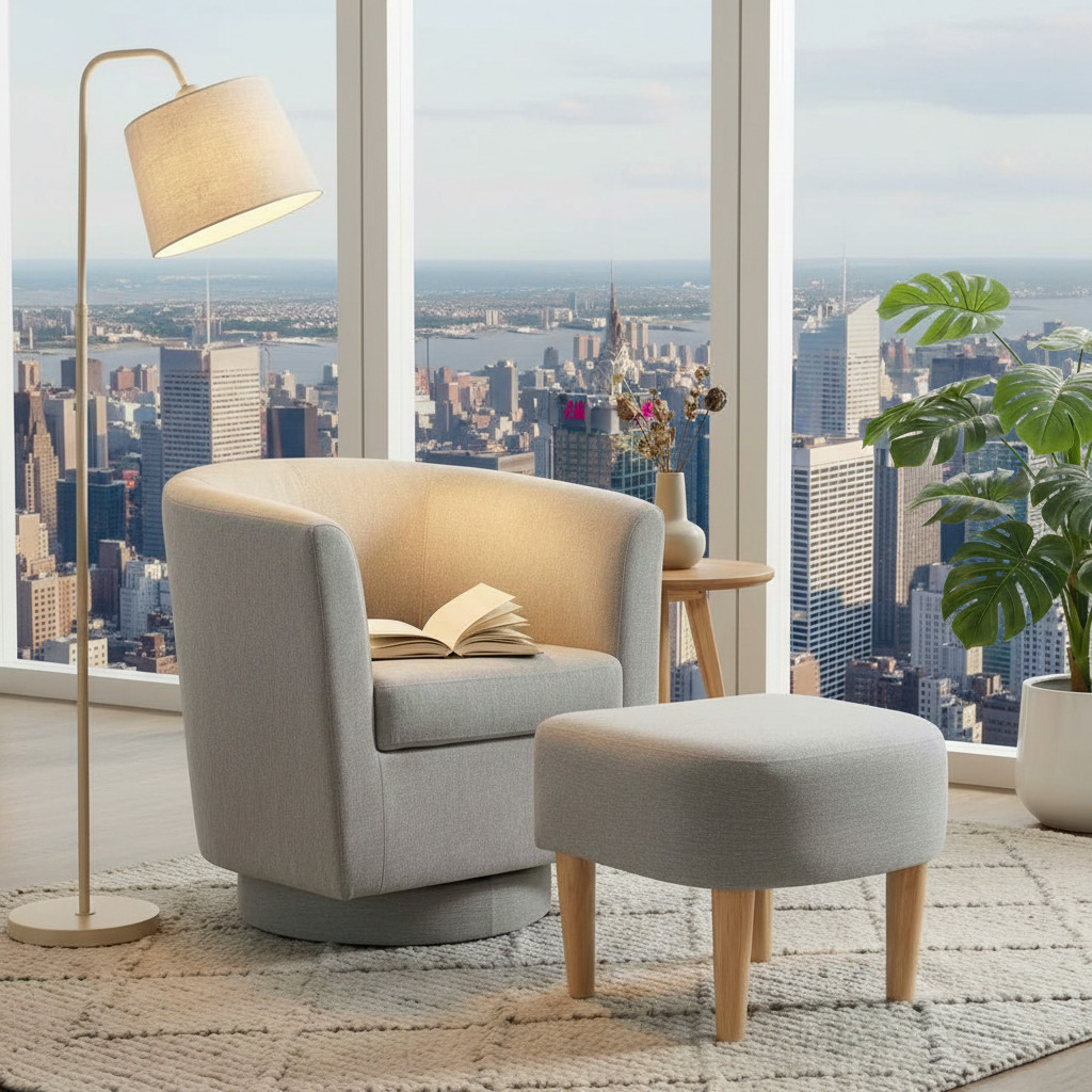 Modern Accent Swivel Armchair Fabric Single Sofa w/Ottoman Chair for Living Room