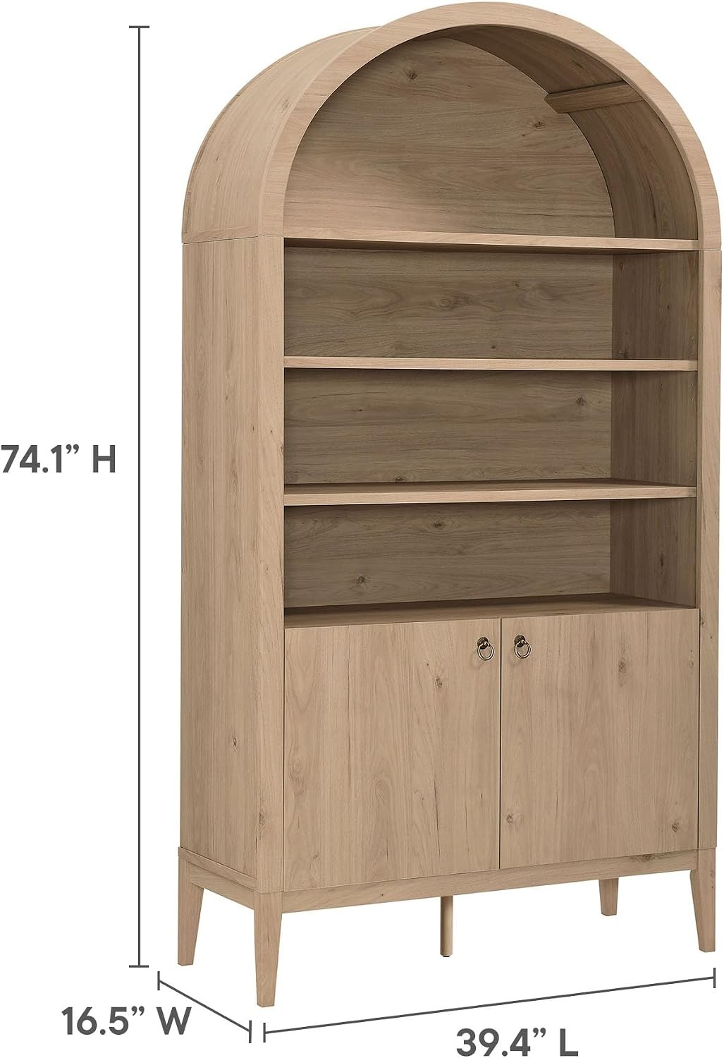 Nolan Tall Arched Storage Display Cabinet in Light Oak – 74 Inch Arch Bookshelf