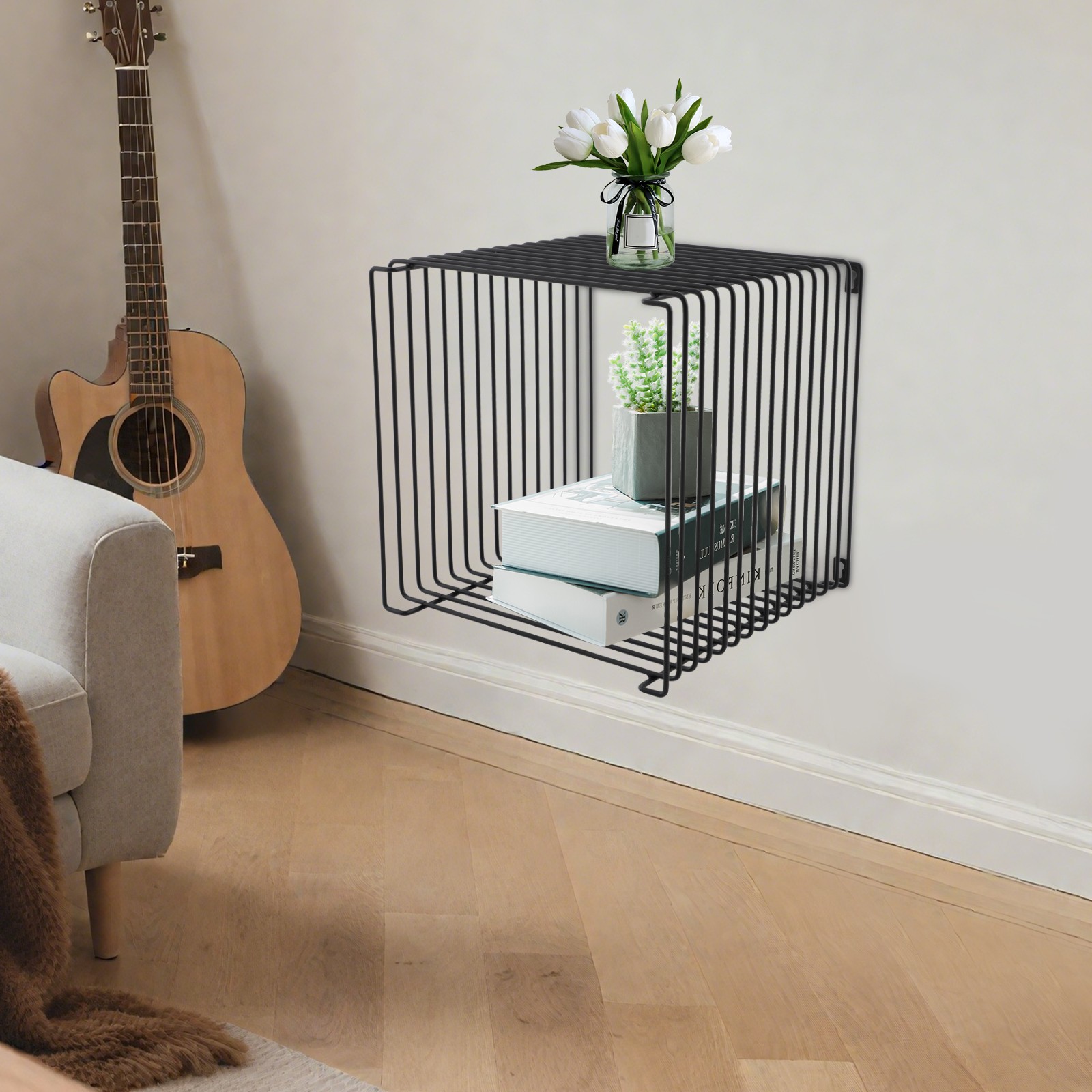 Black Square Side Table Wall or Floor Mount Geometric Retro Metal End Table