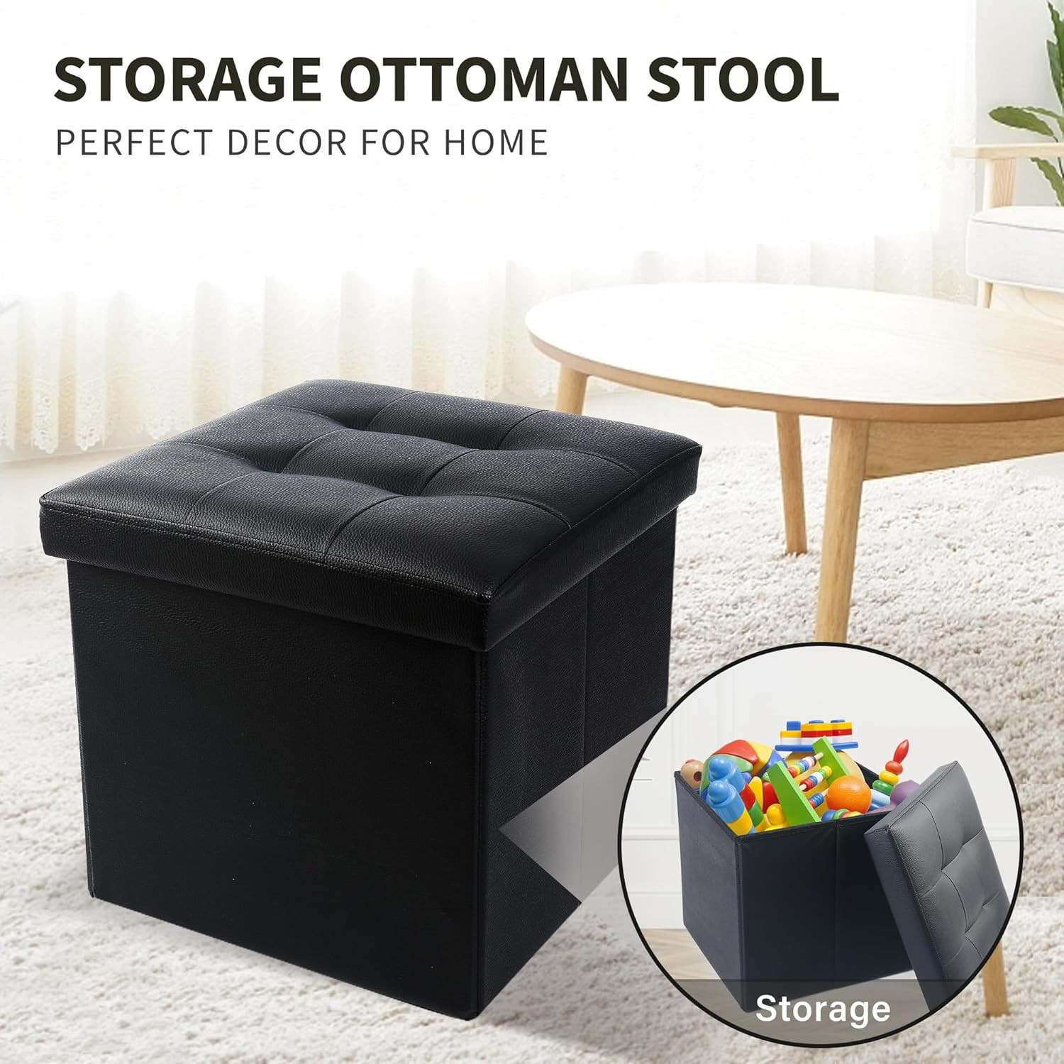 Storage Ottoman, Foldable Foot Rest Stool, 13X12X12 Inches Small Leather Bench w
