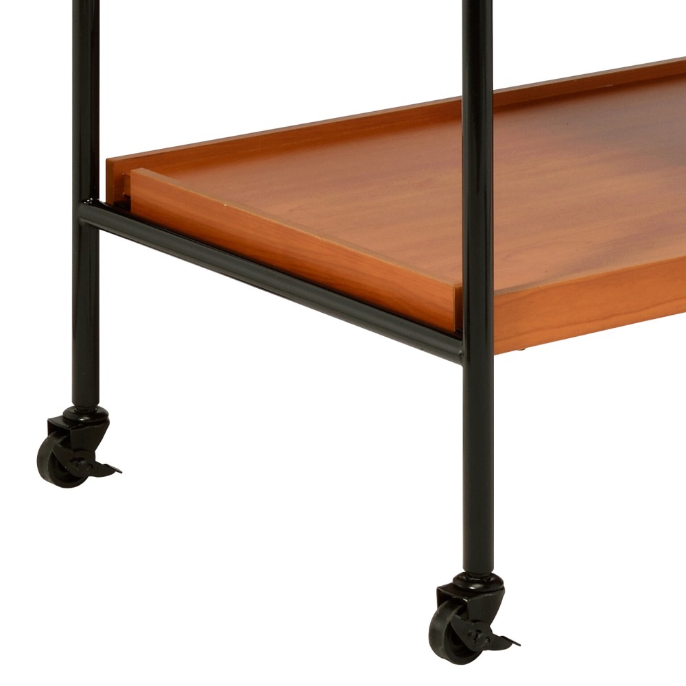 Oak & Black Rectangular Serving Cart 3 Wooden Adjustable Trays Wine Bottle Rack