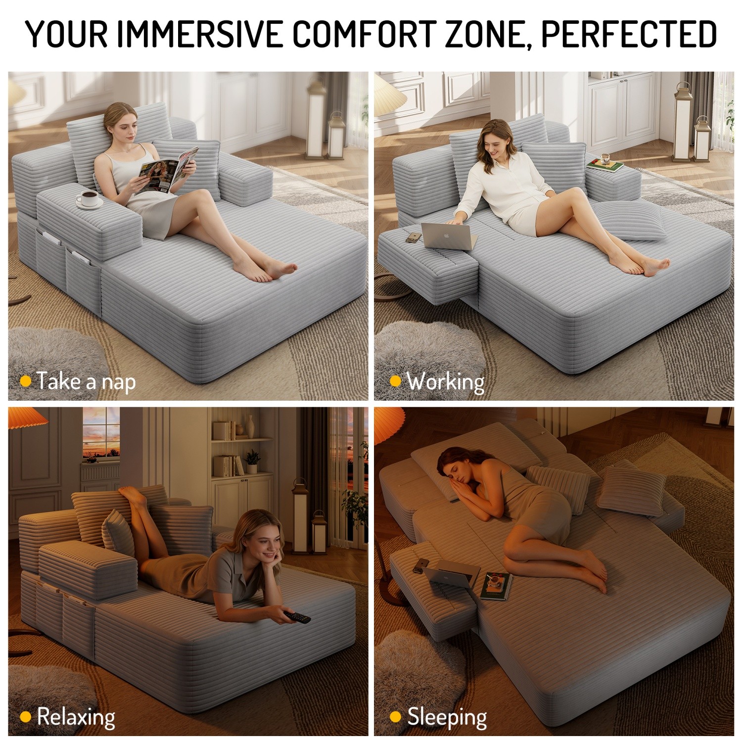Modern Plush Corduroy Sofa Bed Chaise Lounge No Assembly Required for Apartment