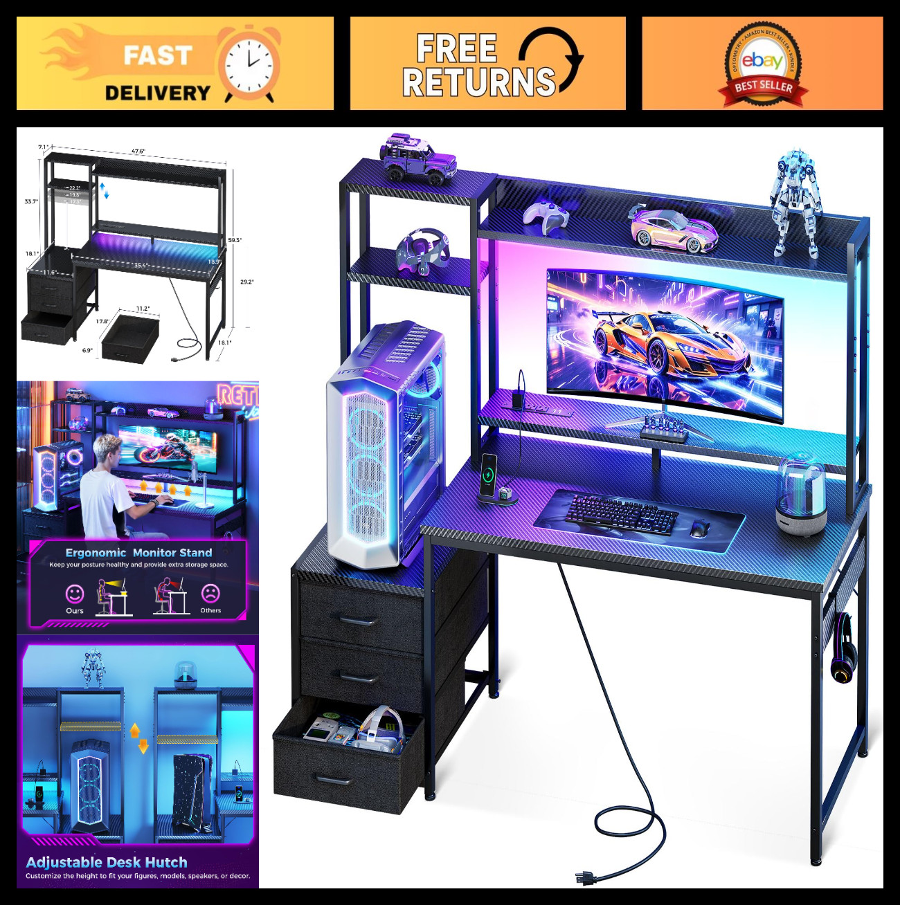 48″ Gaming Desk with Shelves, Hutch & 3 Drawers | Reversible PC Desk w/ LED Ligh
