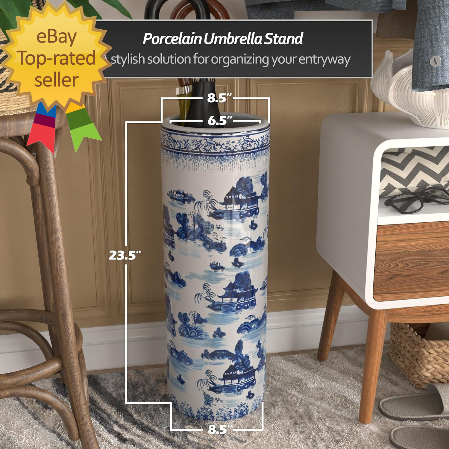 20″ Landscape Blue & White Porcelain Umbrella Stand