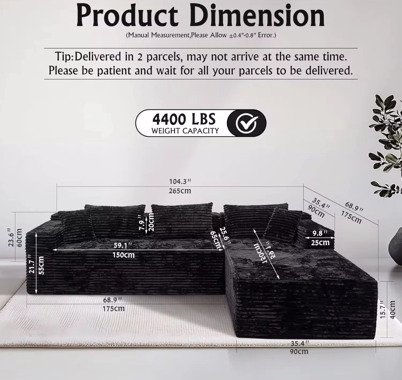 Modern L-Shape Sectional Couch Black Fabric Deep Seat Comfort No Assembly
