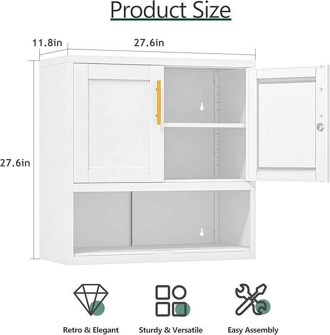 27.5″ Metal Wall Mount Cabinet with Lock & Adjustable Shelf for Kitchen,Bathroom