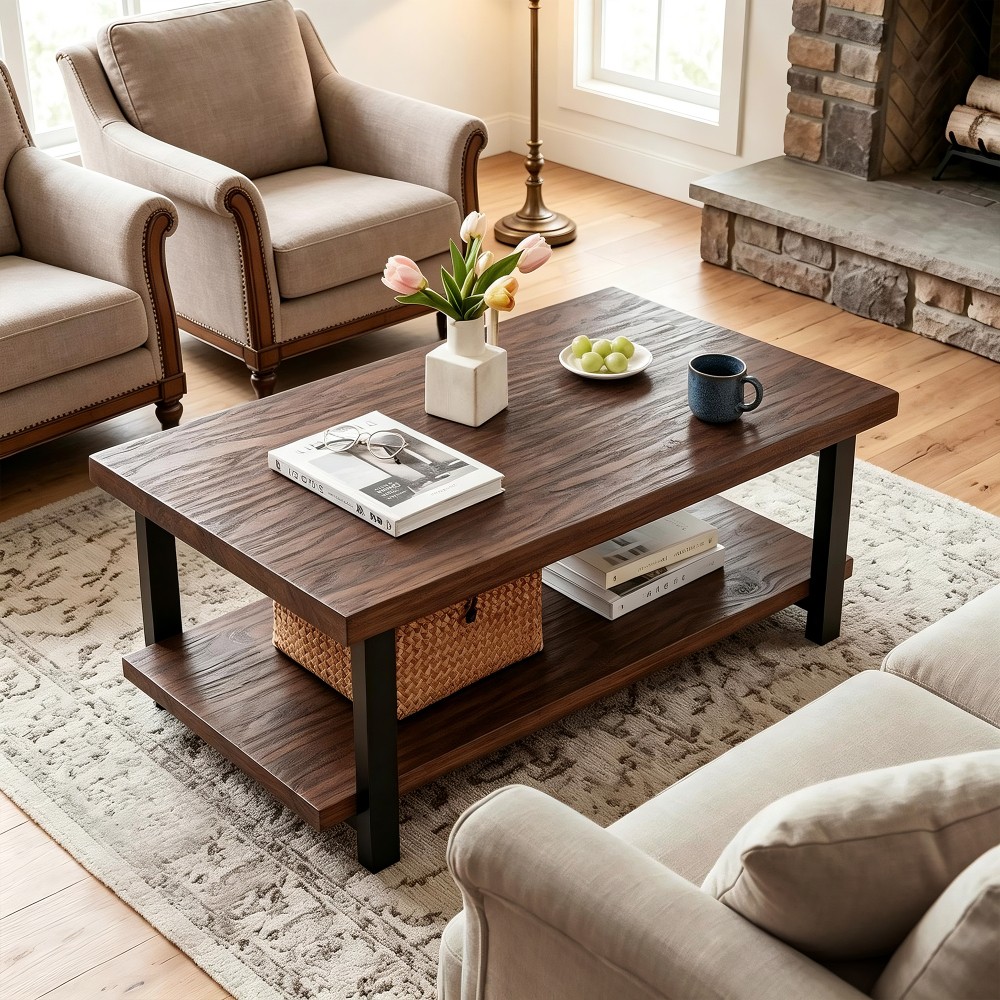 Rustic Pine Coffee Table with Rubberwood Legs, Two-Tier Industrial Storage Table