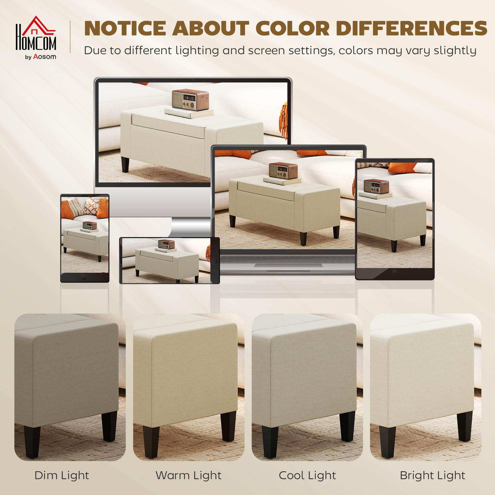Rectangular Tufted Linen Storage Ottoman Bench with Flipping Top Beige