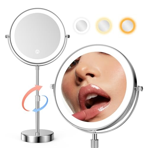 LED Lighted Makeup Mirror Tabletop, 10X Magnifying Mirror with 3 Color