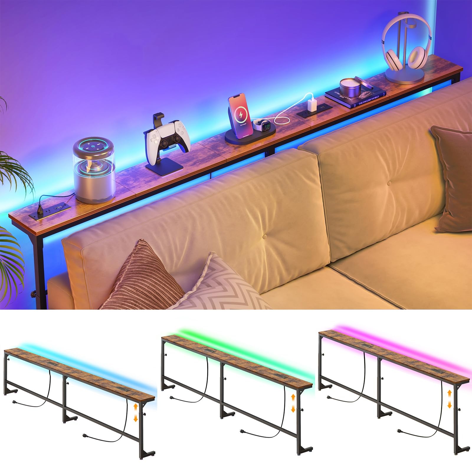 Adjustable Height Rustic Brown Sofa Table with LED Lights & Charging Station