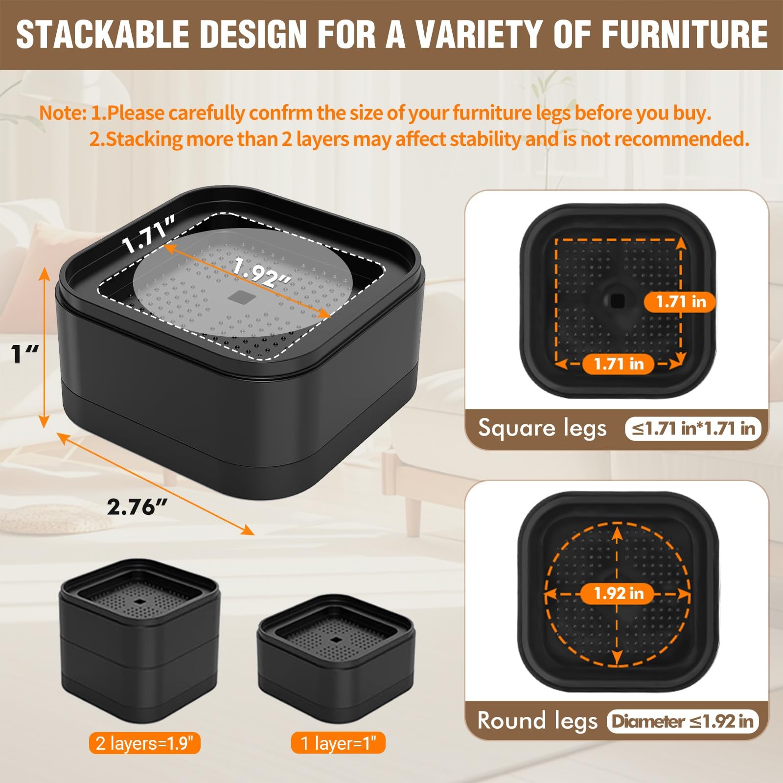 8 Pack Furniture Risers Adjustable 1 or 2 in Bed Desk Couch Sofa Table Black